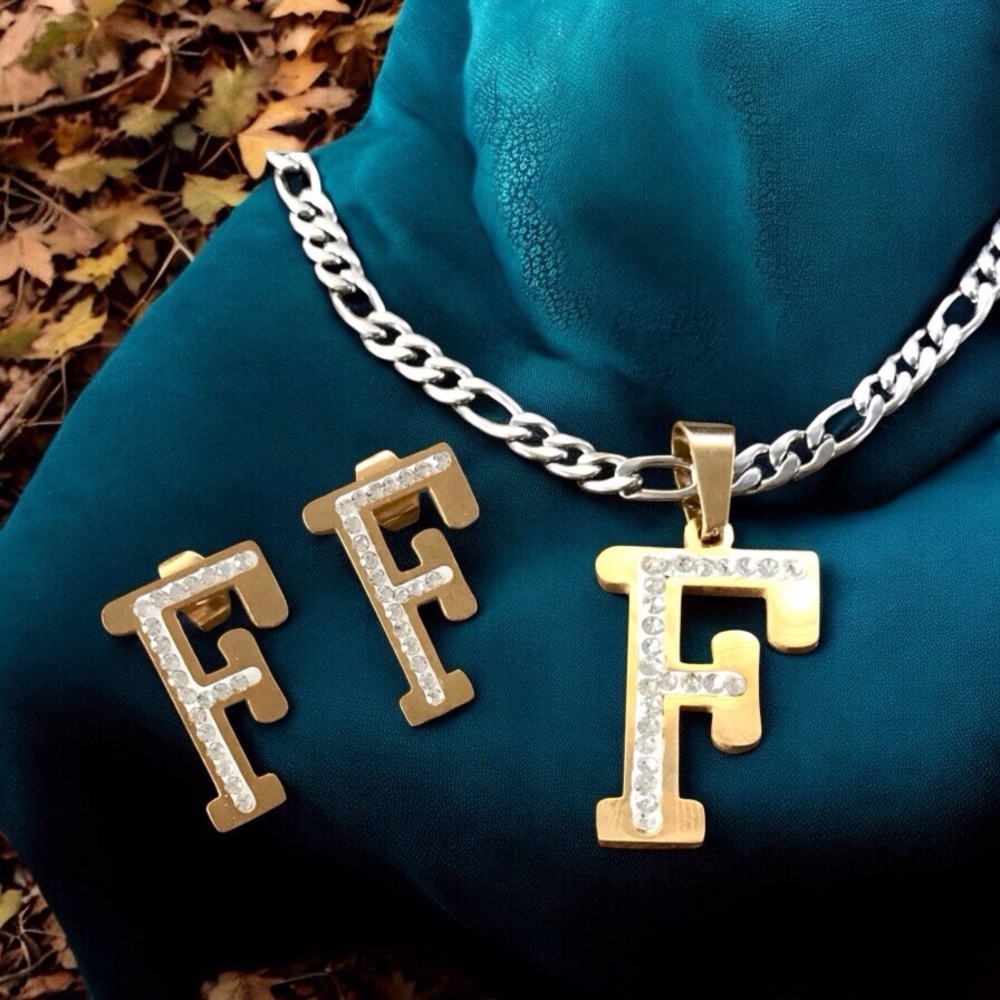 🆕 Crystal “F” Necklace and Earring Set Stainless Steel